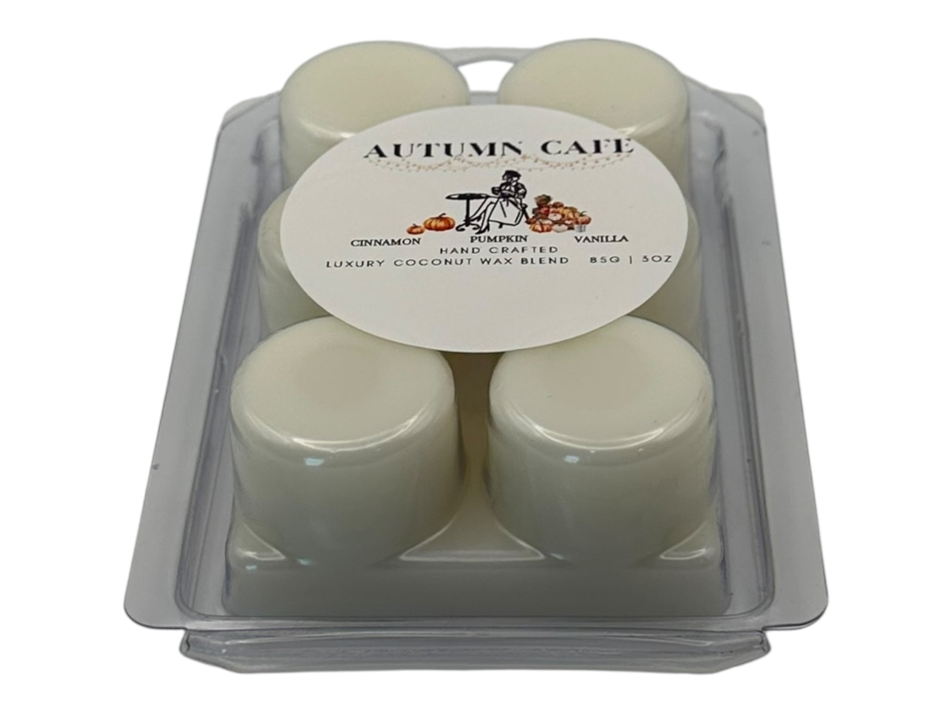 Pack of six white wax melts  in a clear plastic container with 'Autumn Cafe' label on a white background