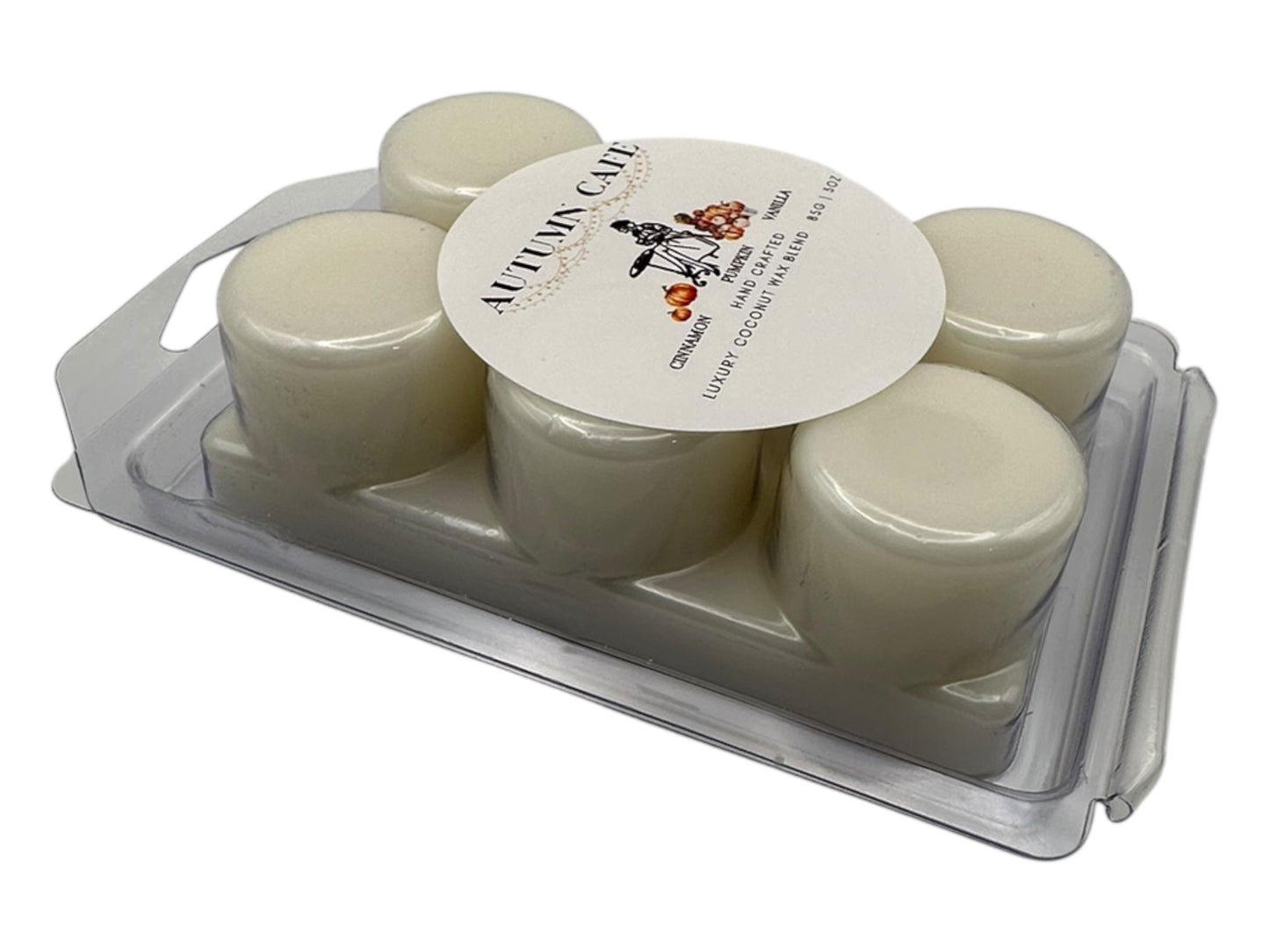 Set of six wax melts  in a clear plastic holder with an 'Autumn Cafe' label.