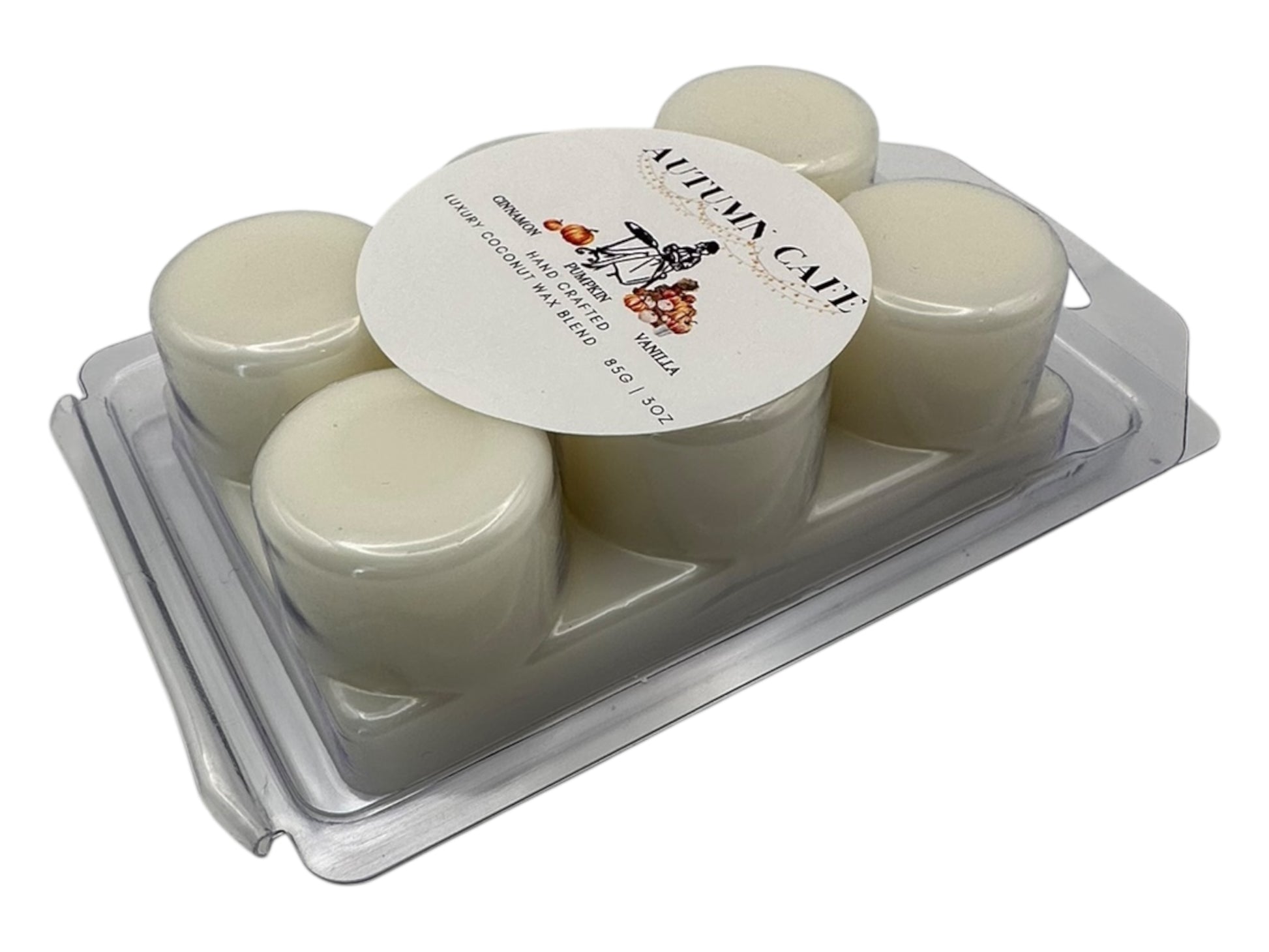 Set of six white wax melt in a clear plastic packaging with a visible brand label on a white background.