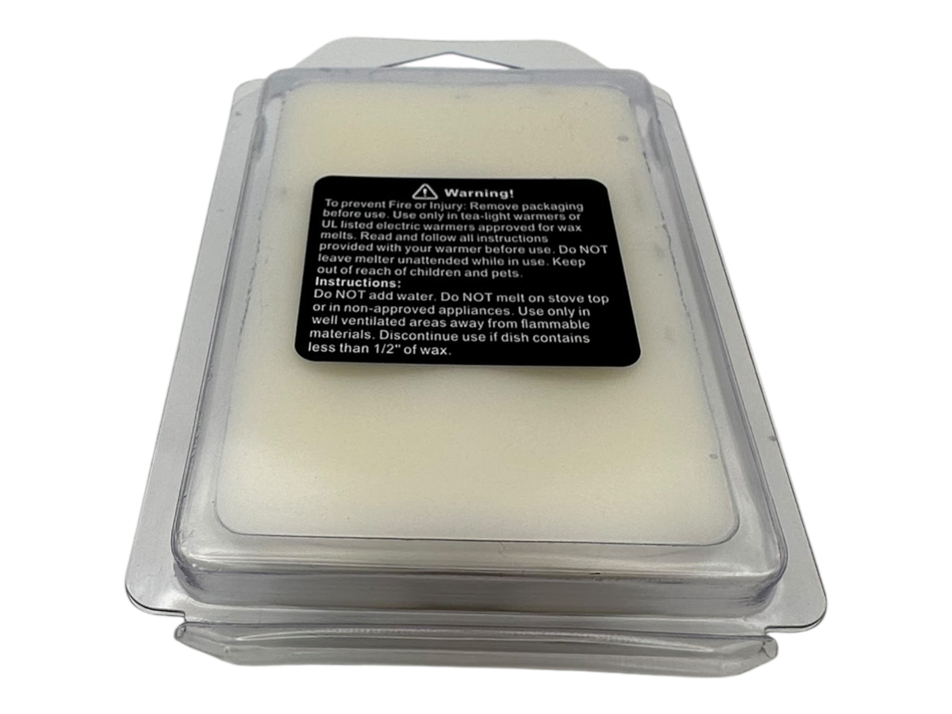 Packaged wax melts with a warning label on a white background