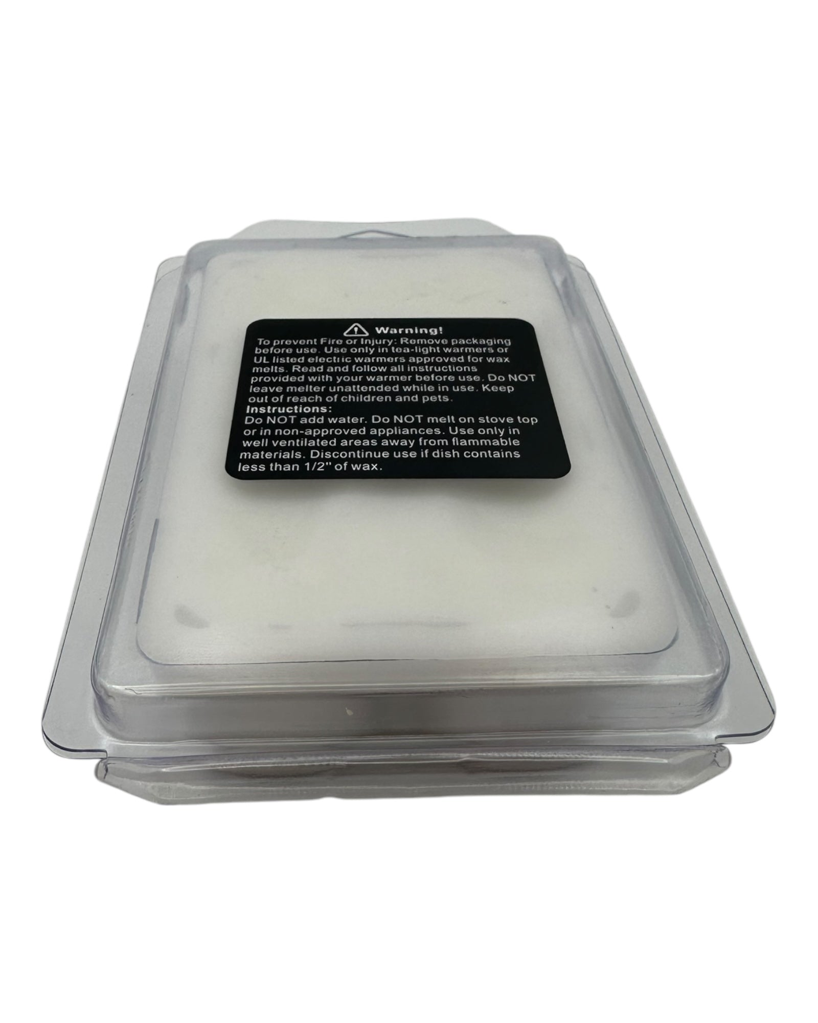A plastic clamshell white wax melts with a safety label  on a white background.