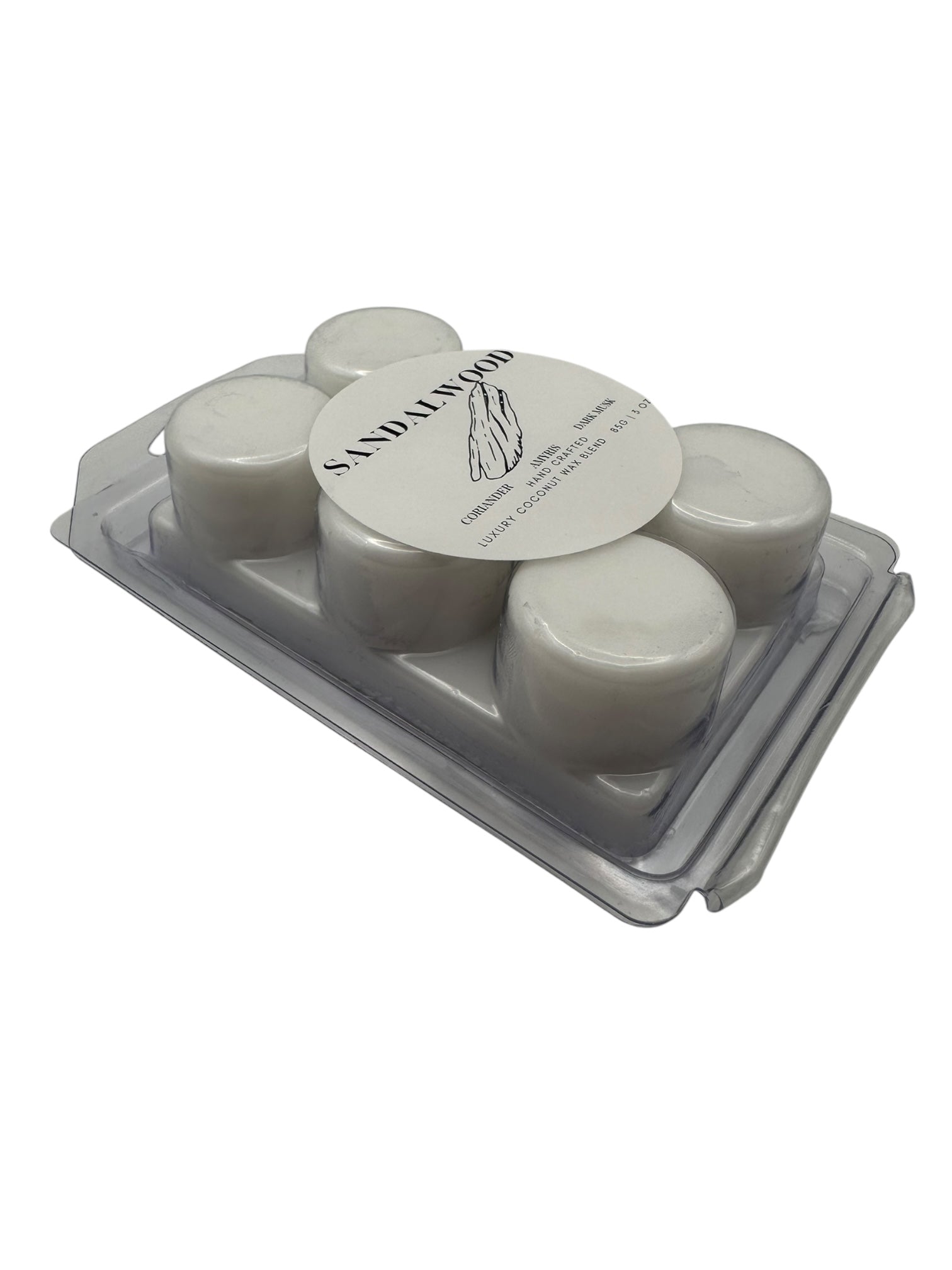 A plastic clamshell wax melts labeled "Sandalwood" on a white background.