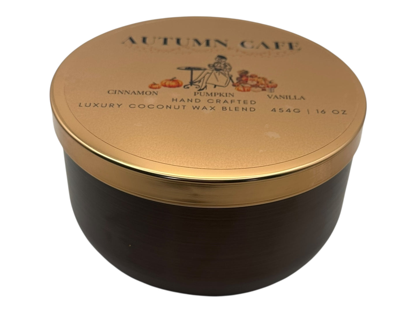 A gold and bronze candle tin labeled 'Autumn Cafe' on a white background.