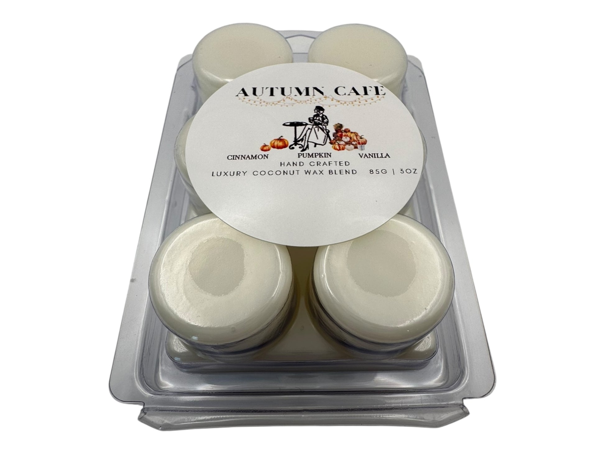 Pack of six wax melts in a clear plastic container with 'Autumn Cafe' label on a white background