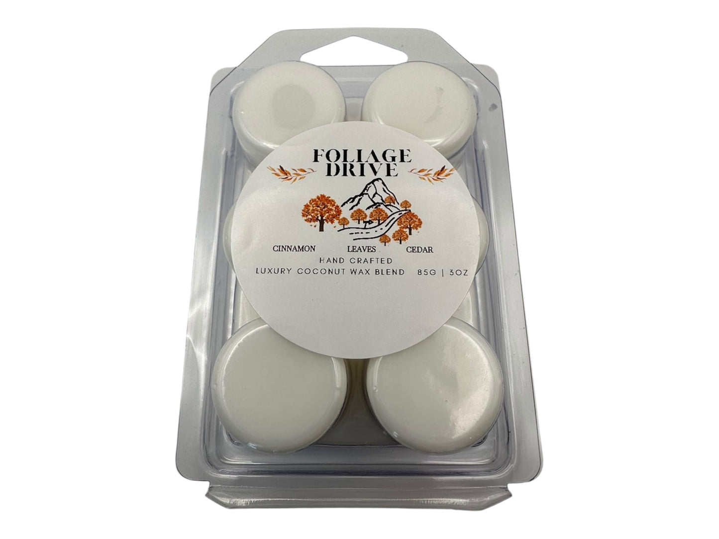 Pack of wax melts with 'Foliage Drive' label on a white background