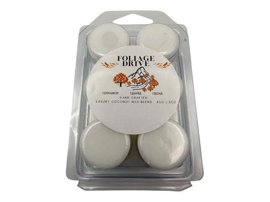 Pack of wax melts with 'Foliage Drive' label on a white background