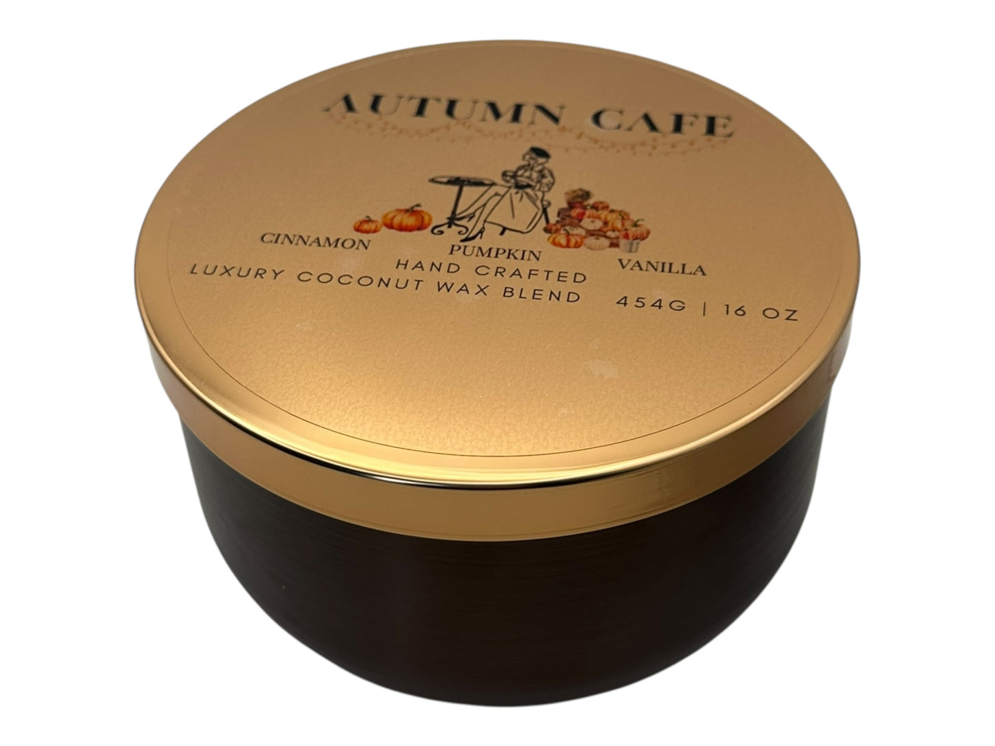A bronze and gold candle tin labeled "Autumn Cafe" on a white background.