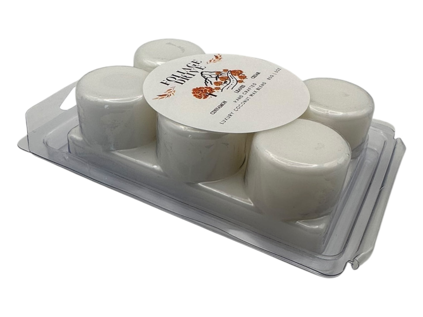 Set of six white wax melt in a clear plastic package with a 'Foliage Drive' label on a white background