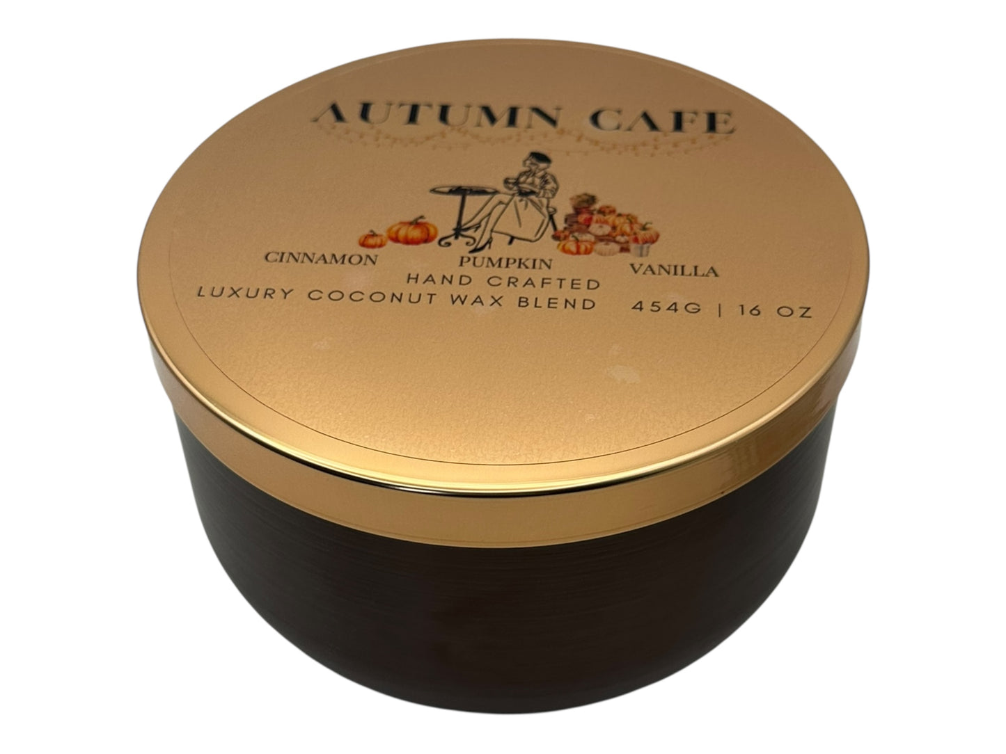 A bronze and gold candle tin labeled "Autumn Cafe" on a white background.