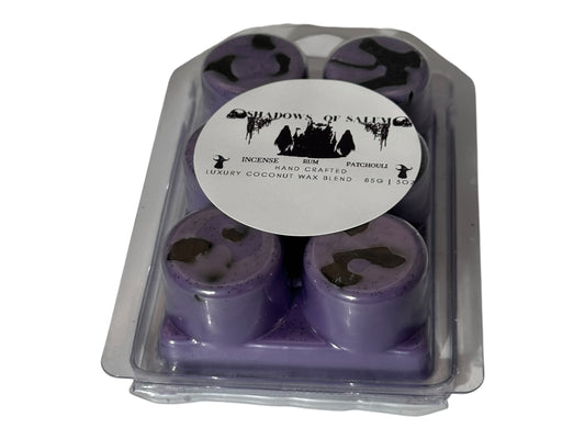 A package of purple wax melts labeled "Shadows of Salem" on a white background.