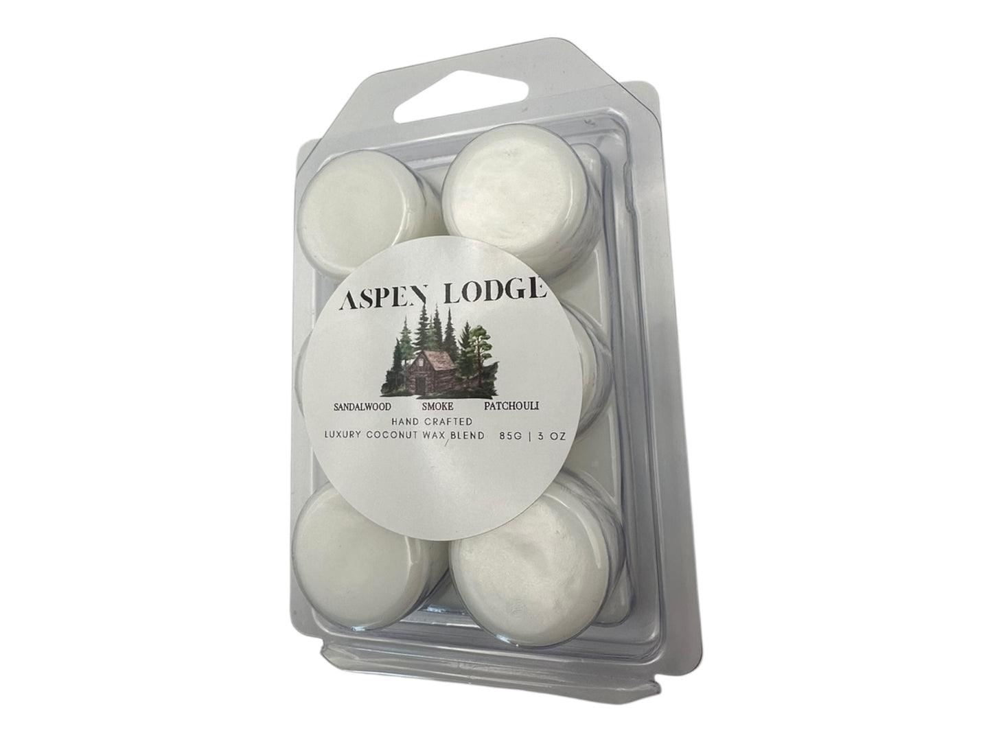Pack of Aspen Lodge wax melts in a clear plastic clamshell side view on a white background.