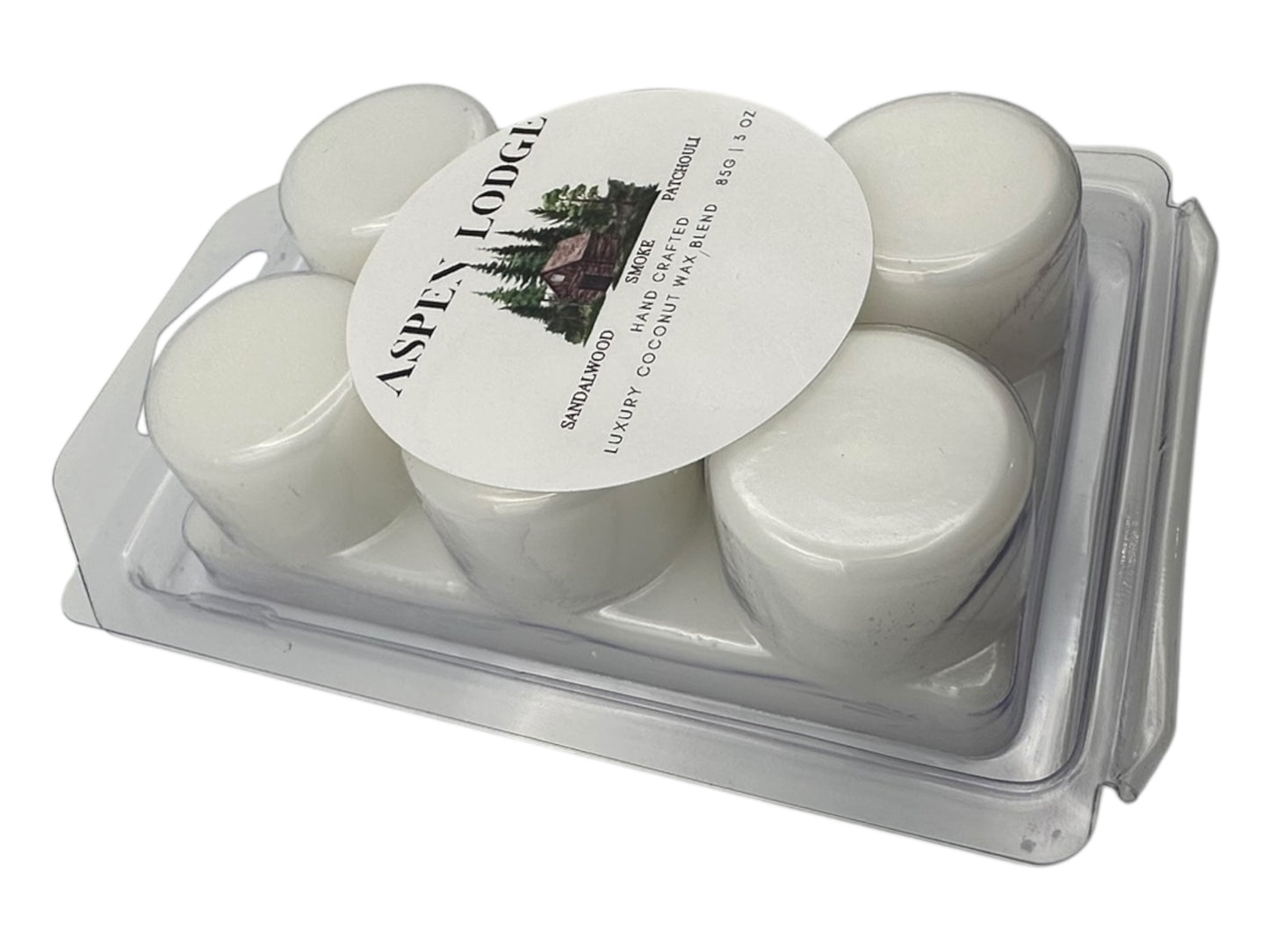 A package of Aspen Lodge wax melts in a plastic clamshell on a white background.