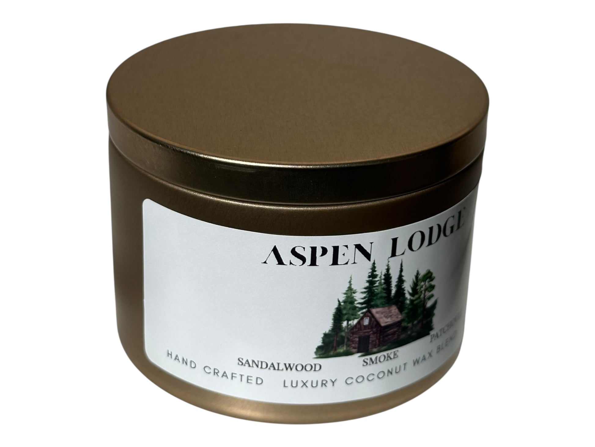 A gold candle tin side view labeled 'Aspen Lodge' on a white background.