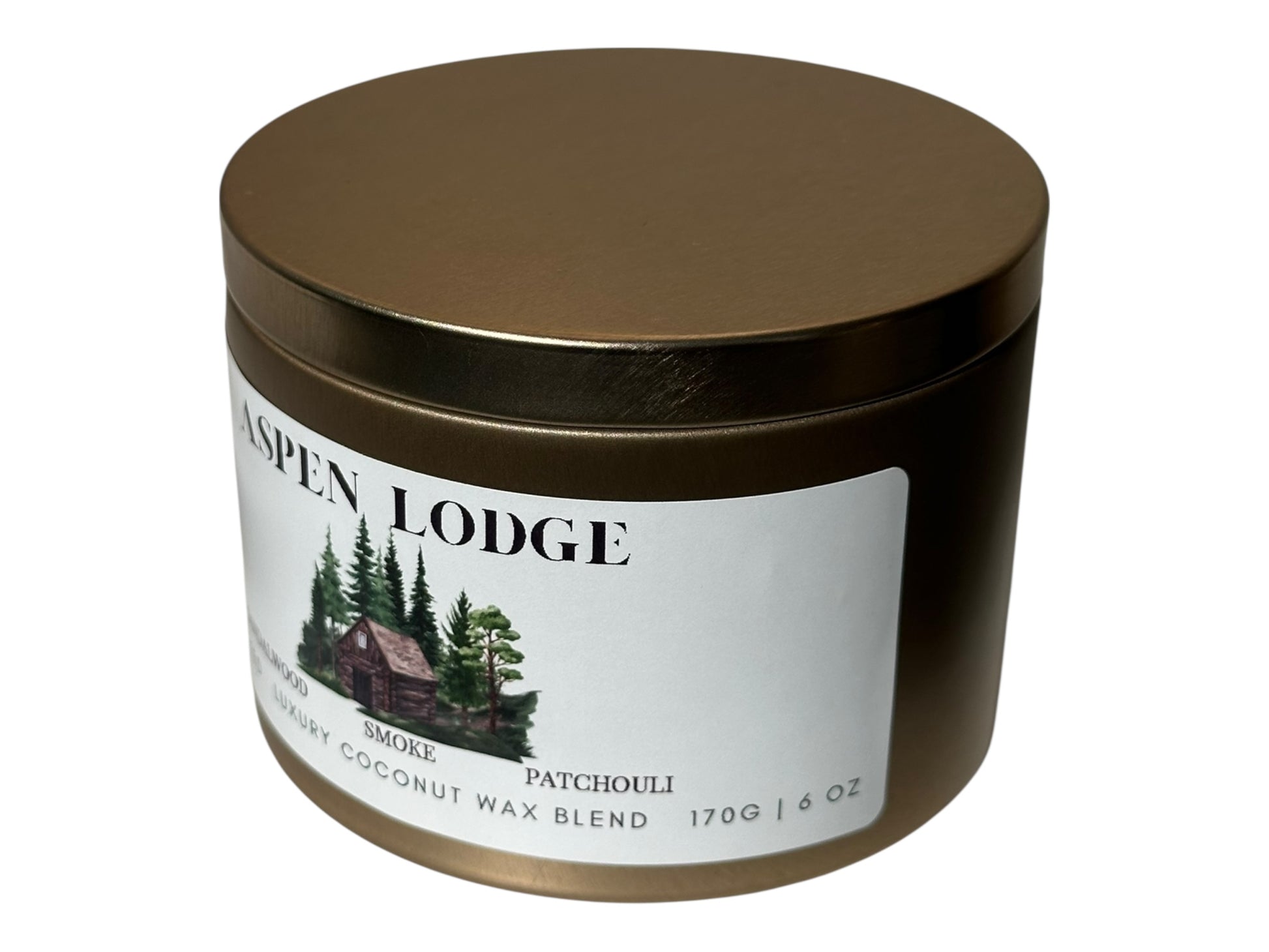 A gold candle tin side view labeled 'Aspen Lodge' on a white background.