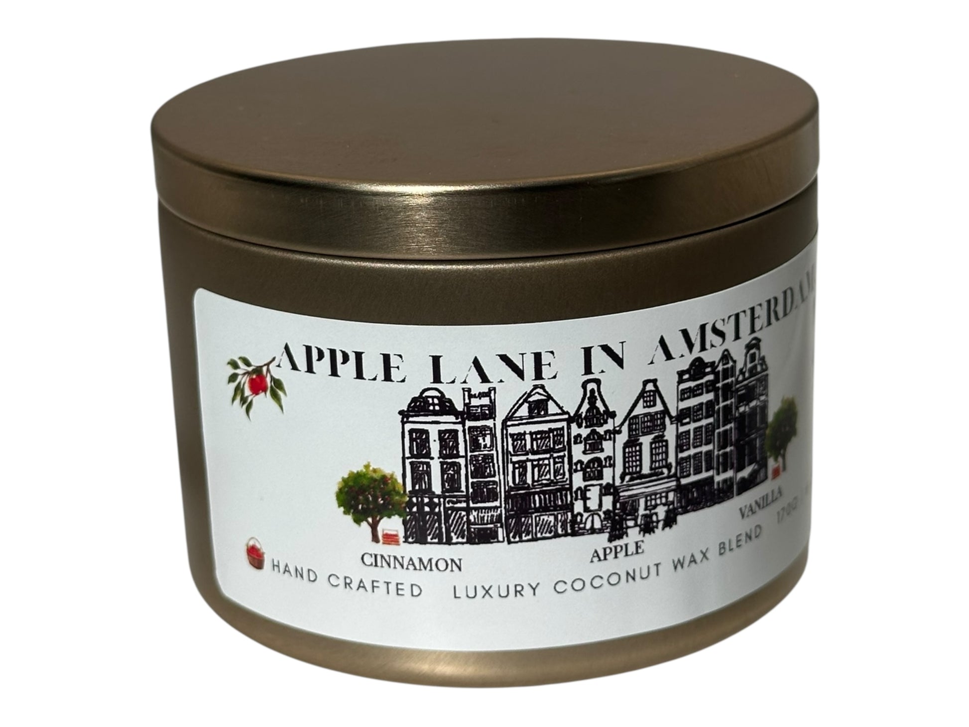 A gold candle tin with 'Apple Lane in Amsterdam' label side view  on a white background.