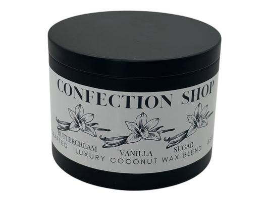 A black candle tin labeled 'Confection Shop' on a white background.