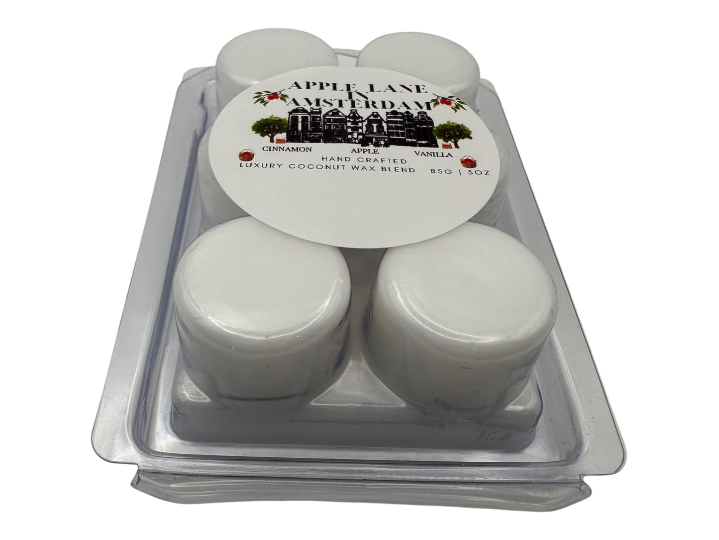 A package of "Apple Lane in Amsterdam" wax melts in a plastic clamshell front view on a white background.