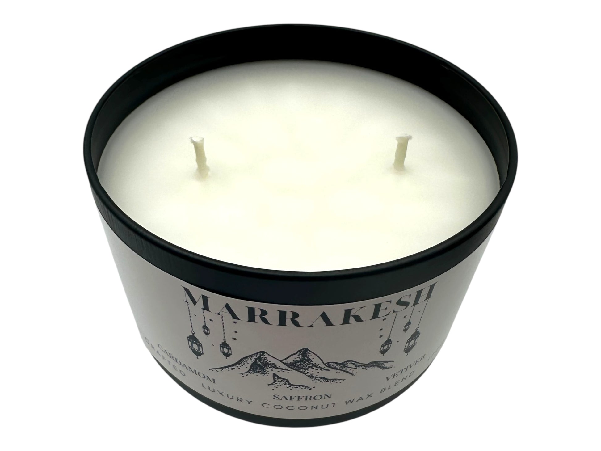 A black candle tin labeled "Marrakesh" two wicks smooth white candle top on a white background.