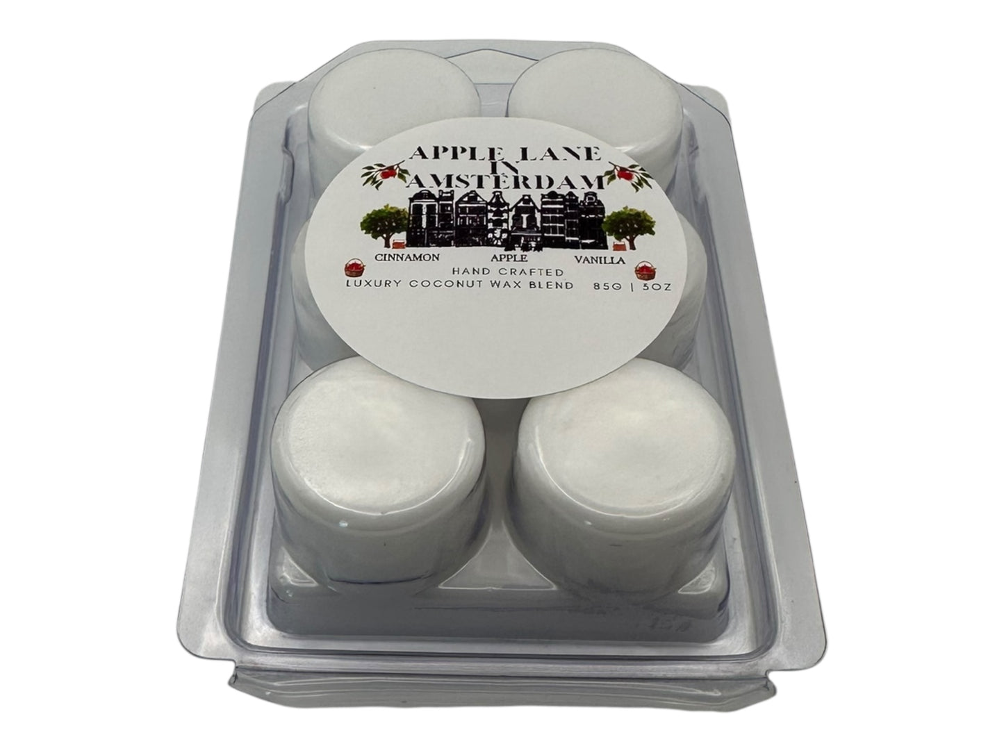 Pack of 'Apple Land in Amsterdam" wax melts in a clear plastic packaging on a white background.