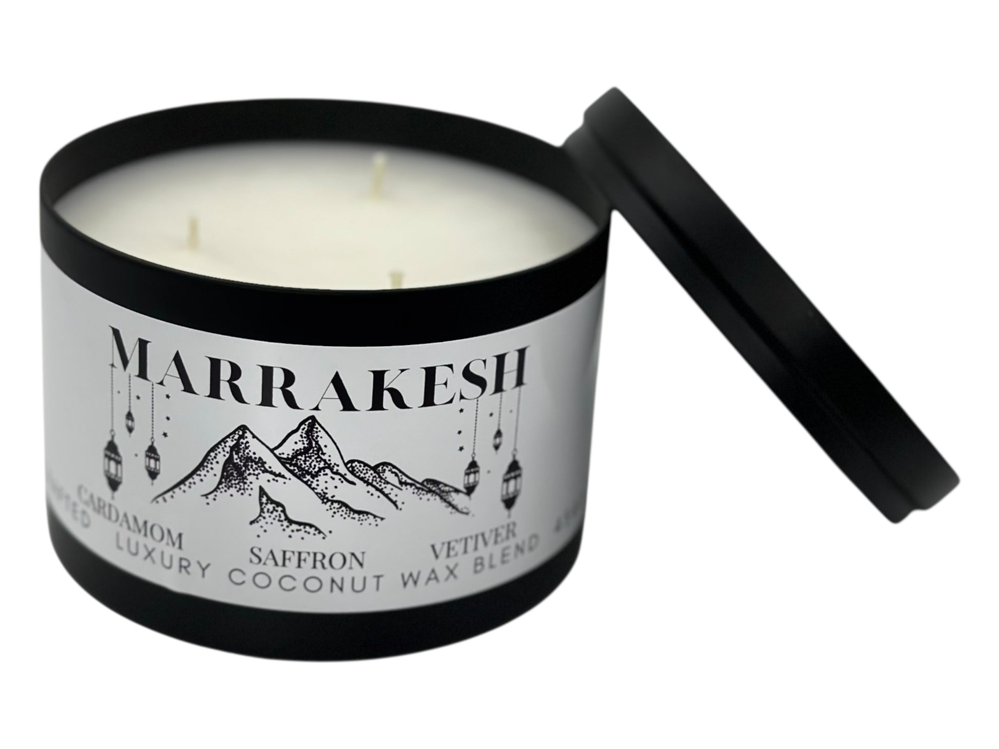 A black candle tin labeled "Marrakesh" with lid removed on a white background.