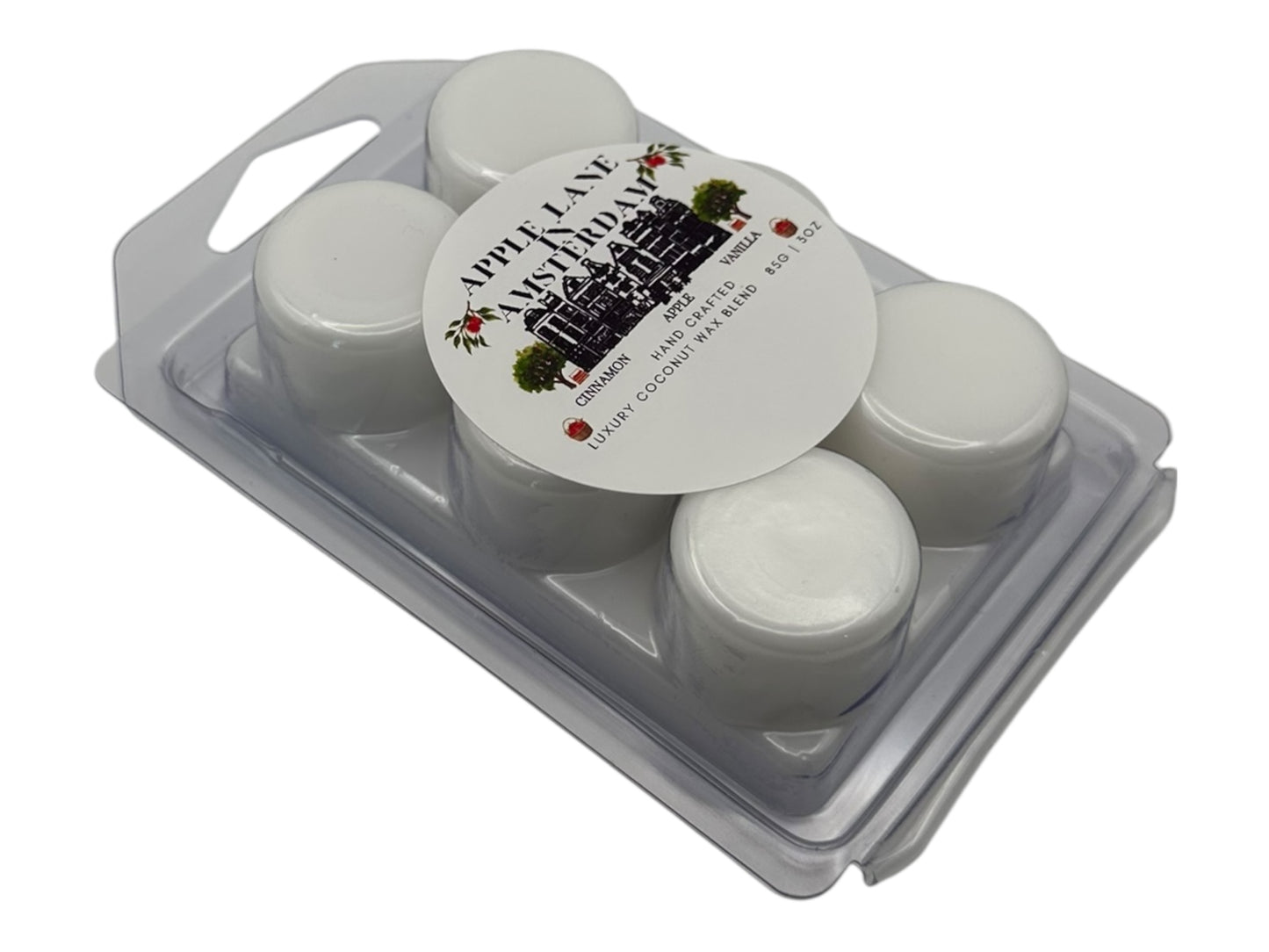 Pack of "Apple Lane in Amsterdam" wax melts in a clear plastic holder on a white background.