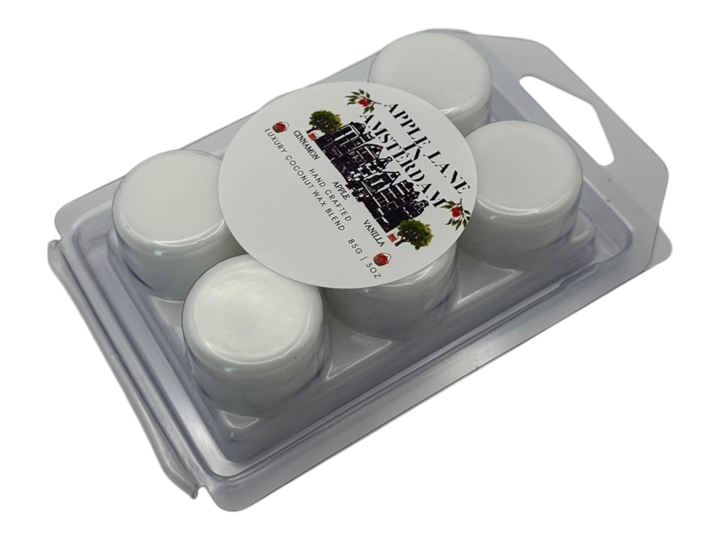 A package of 'Apple Lane in Amsterdam' wax melts side view in a plastic container on a white background.