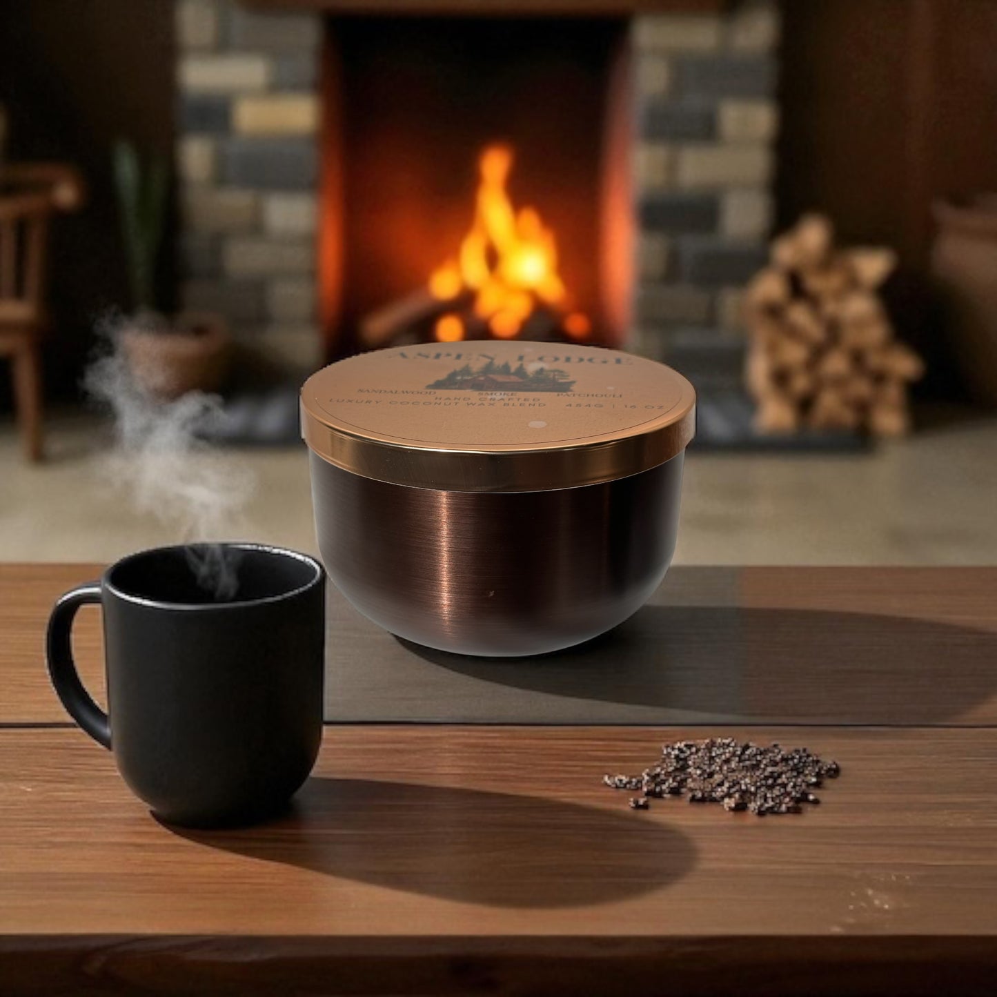 A bronze and gold candle tin and black mug on a wooden table in front of a fireplace.