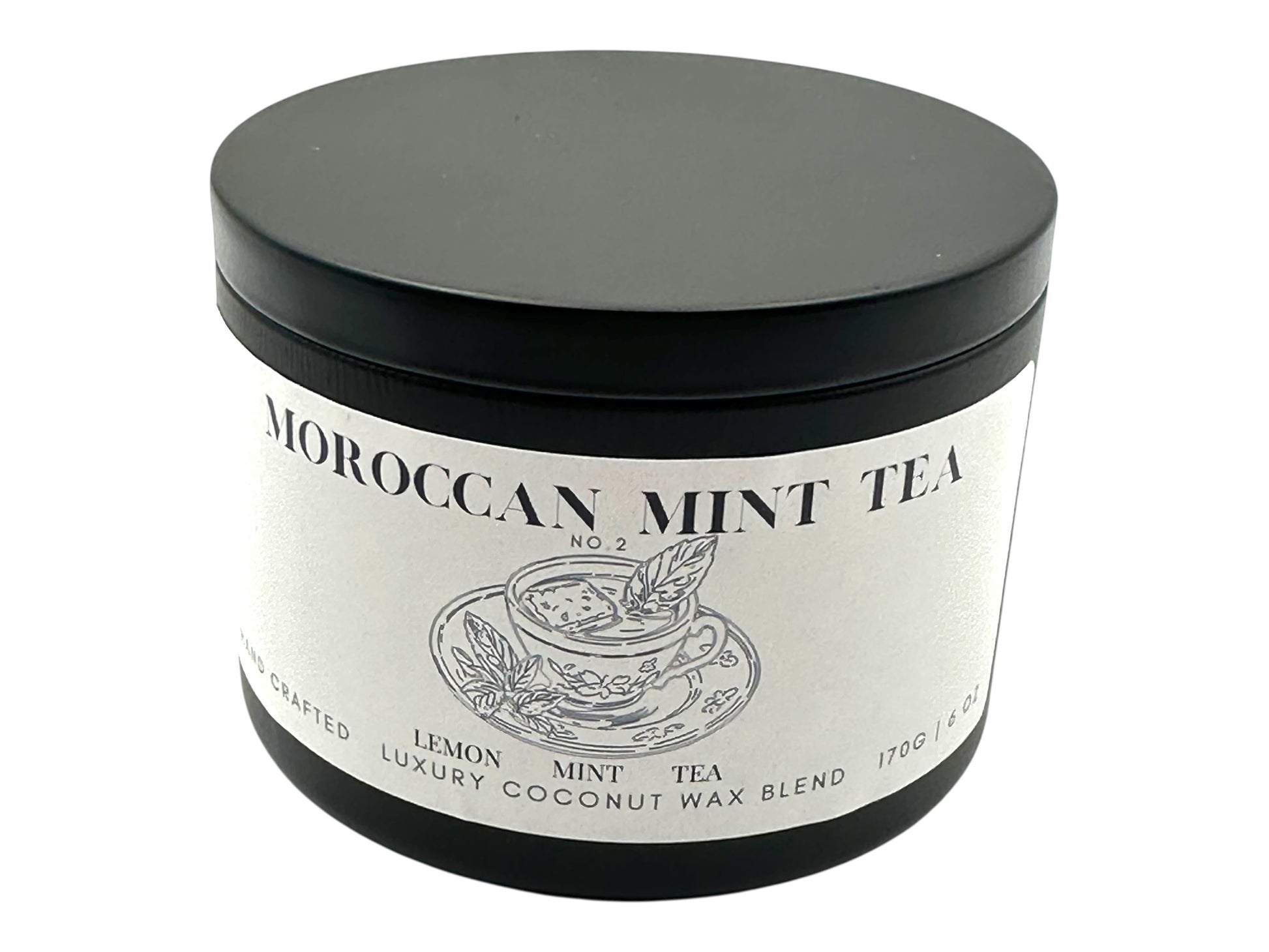A Black Candle tin labeled Moroccan Mint Tea on a white background. 