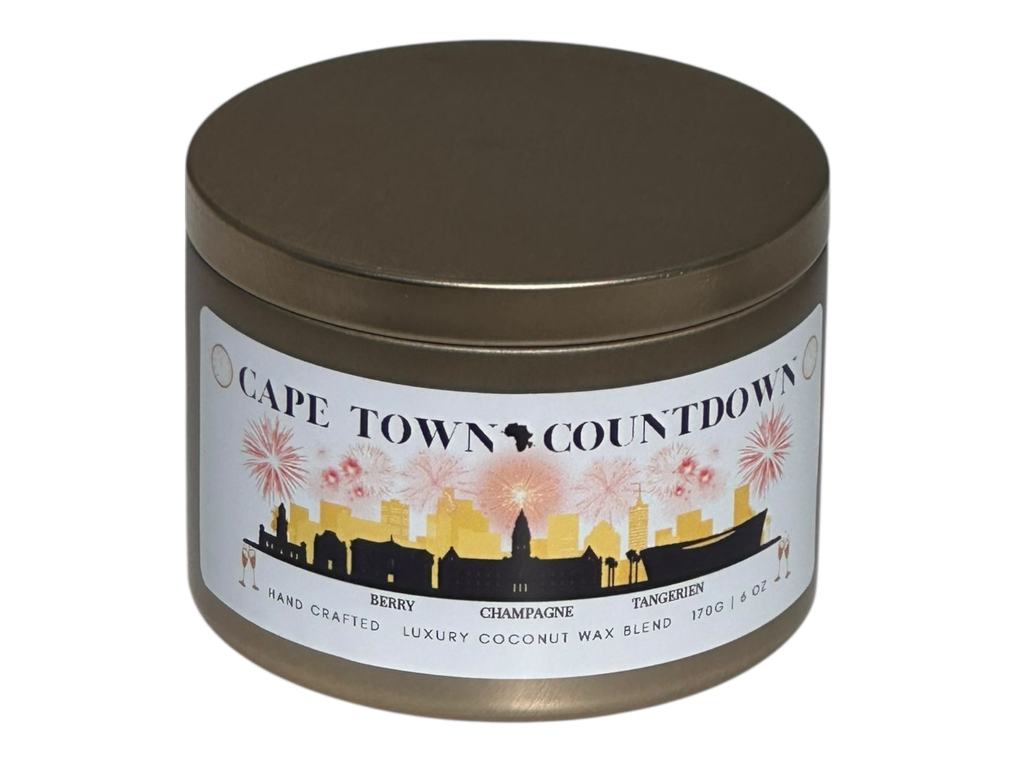 A new year's gold candle tin called, "Cape Town Countdown" on a white background.