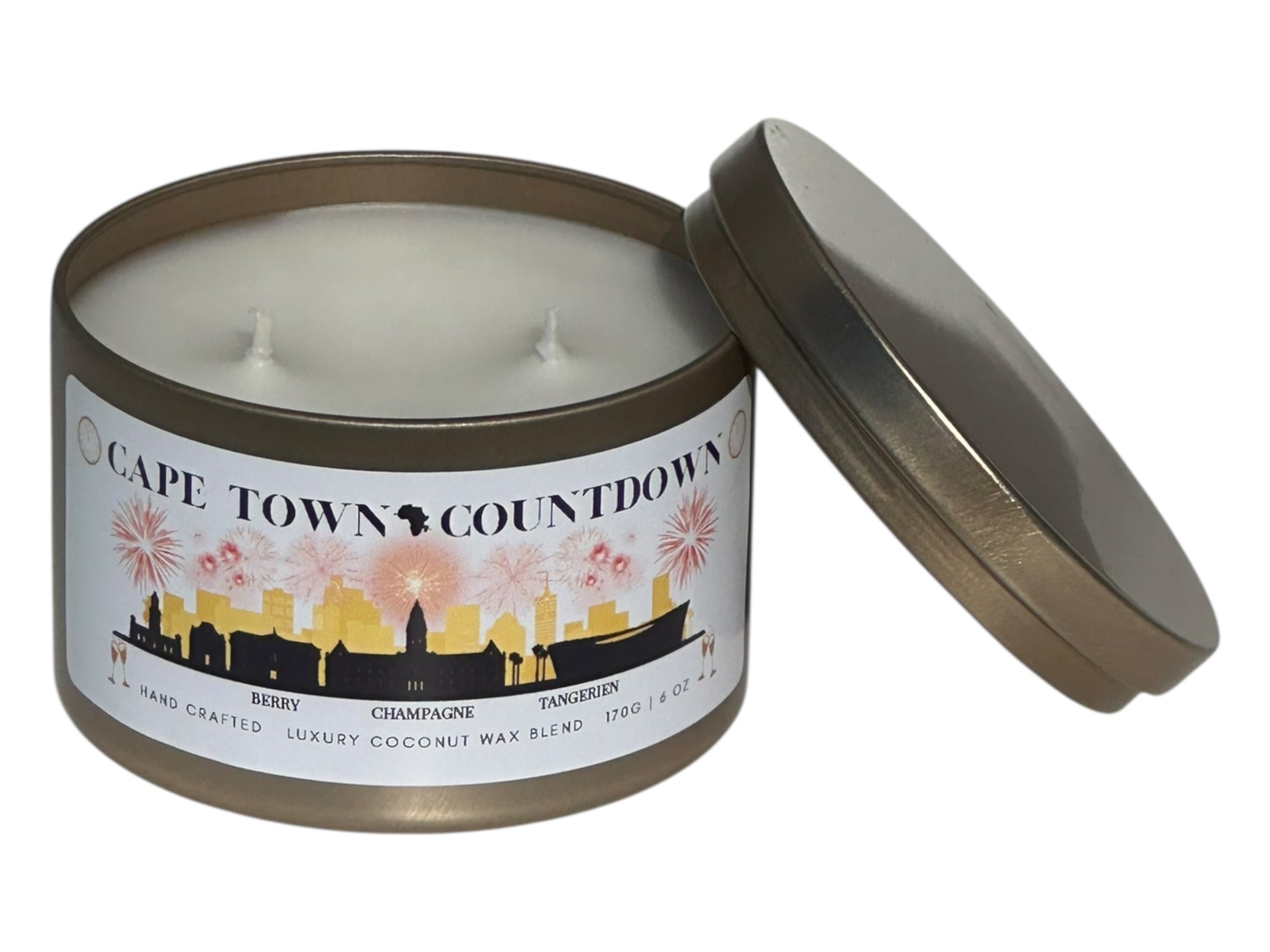 A new year's gold candle tin called, "Cape Town Countdown" on a white background with lid removed showing two candle wicks.