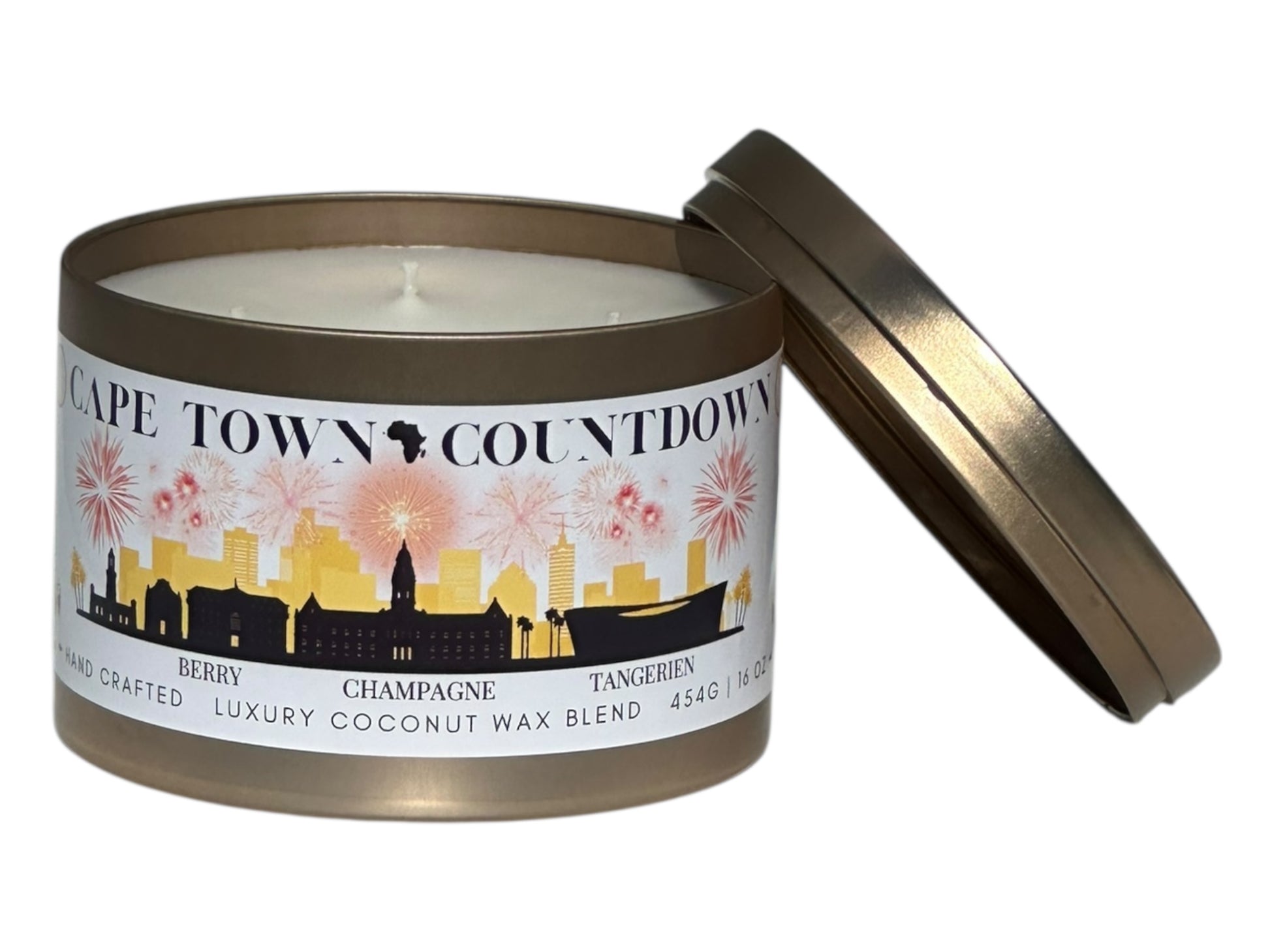 A new years gold candle tin labeled "Cape Town Countdown" on a white background front view with candle lid removed.