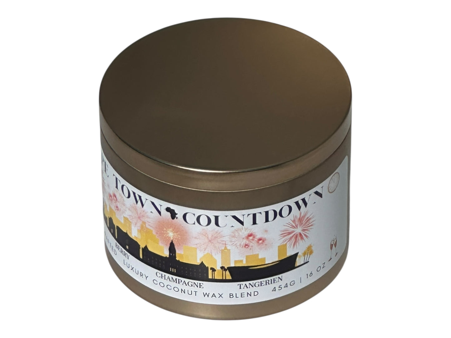 A new years gold candle tin labeled "Cape Town Countdown" on a white background side view.