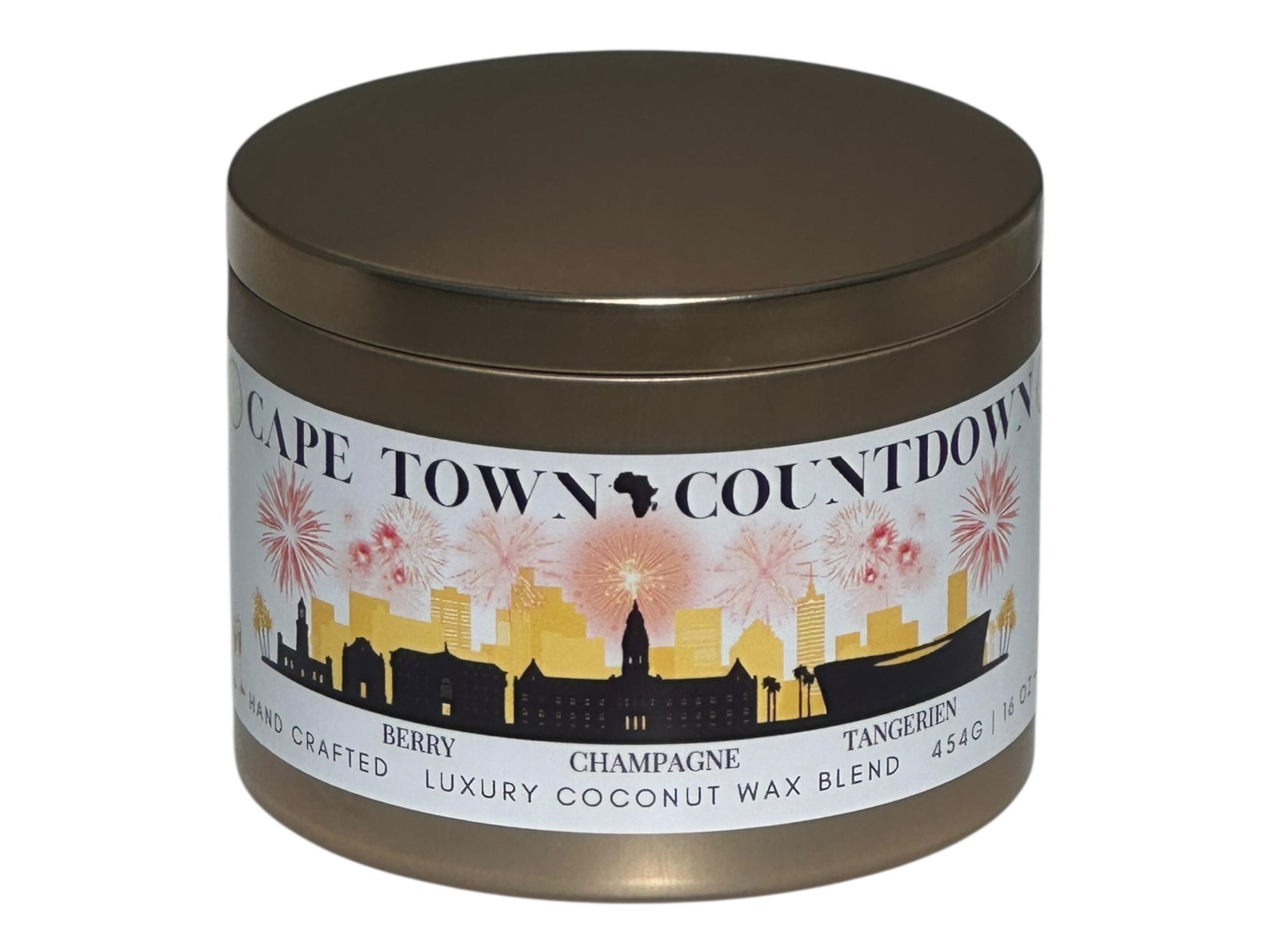 A new years gold candle tin labeled "Cape Town Countdown" on a white background.
