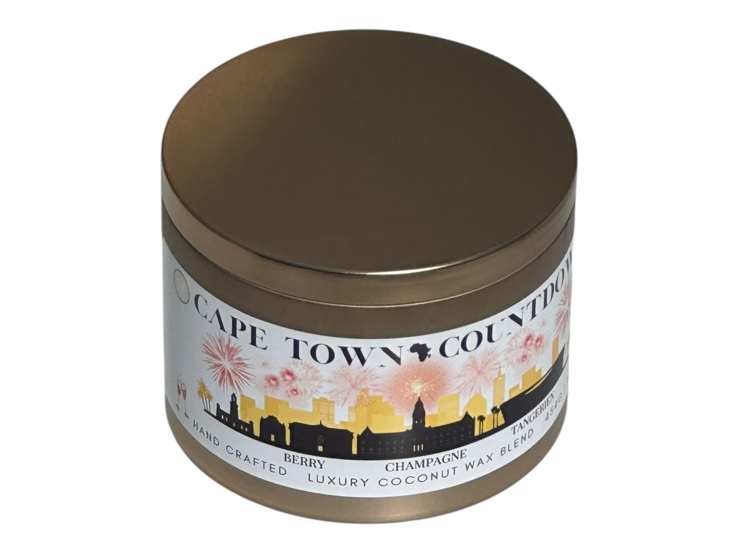 A new years gold candle tin labeled "Cape Town Countdown" on a white background.