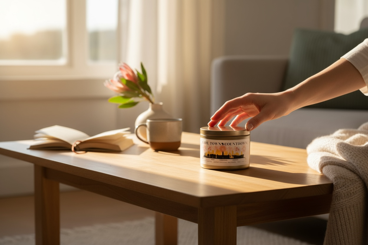 A gold candle tin labeled "Cape Town Countdown" lifestyle shot in a living room.