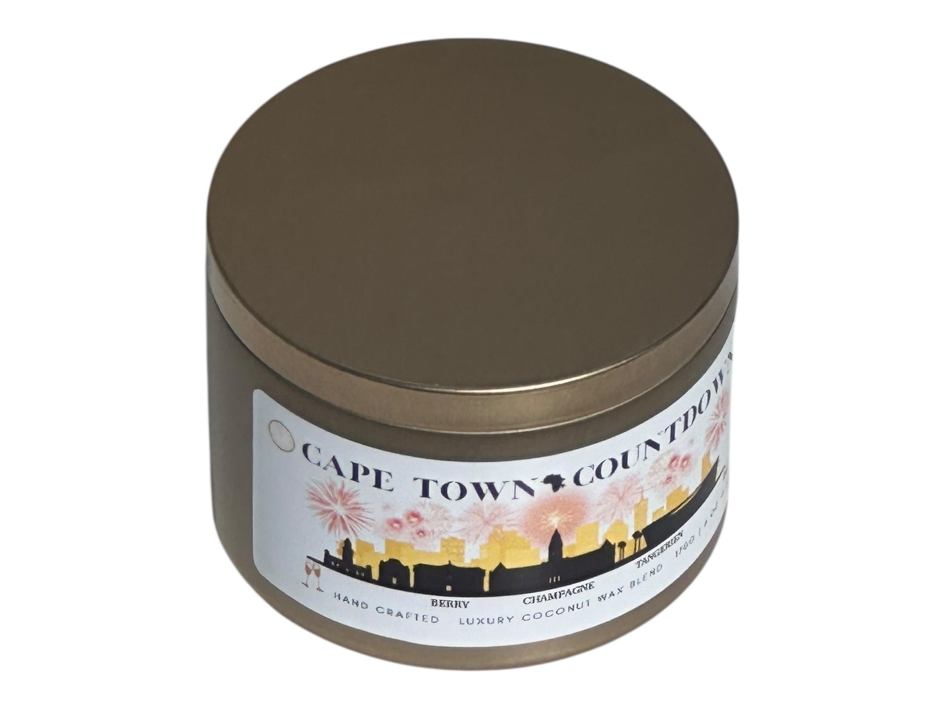 A new year's gold candle tin called, "Cape Town Countdown" on a white background top view.
