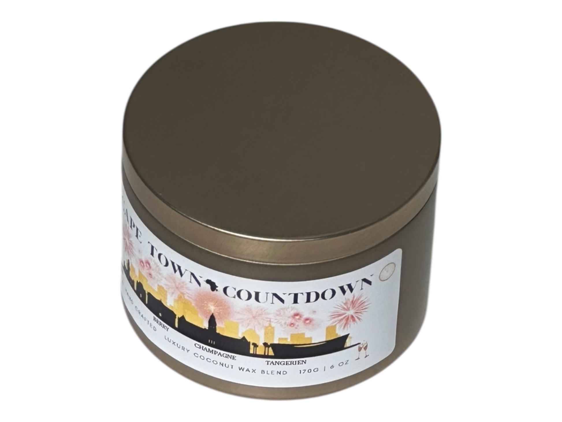 A new year's gold candle tin called, "Cape Town Countdown" on a white background side view.