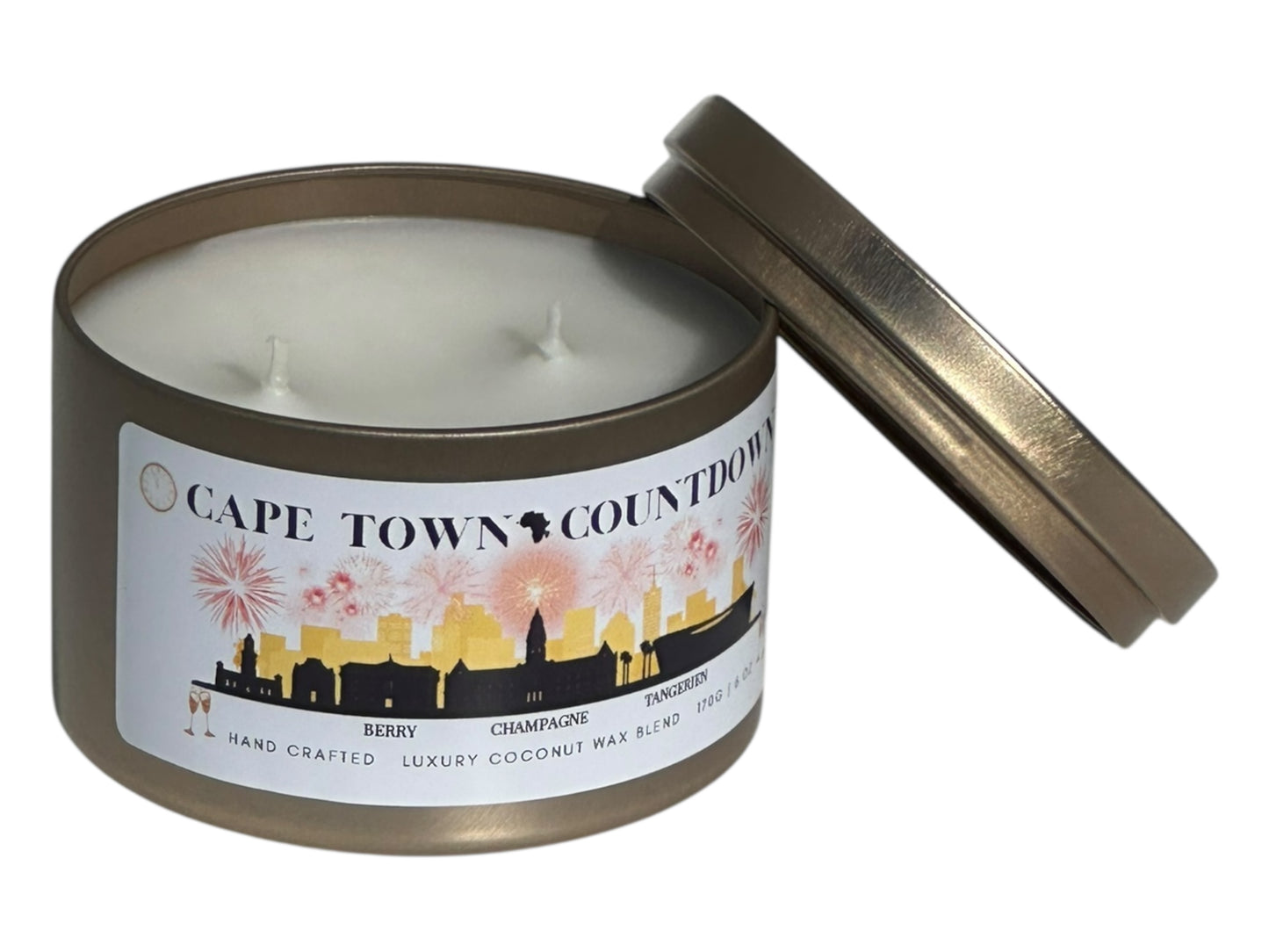 A new year's gold candle tin called, "Cape Town Countdown" on a white background side view with candle lid removed.