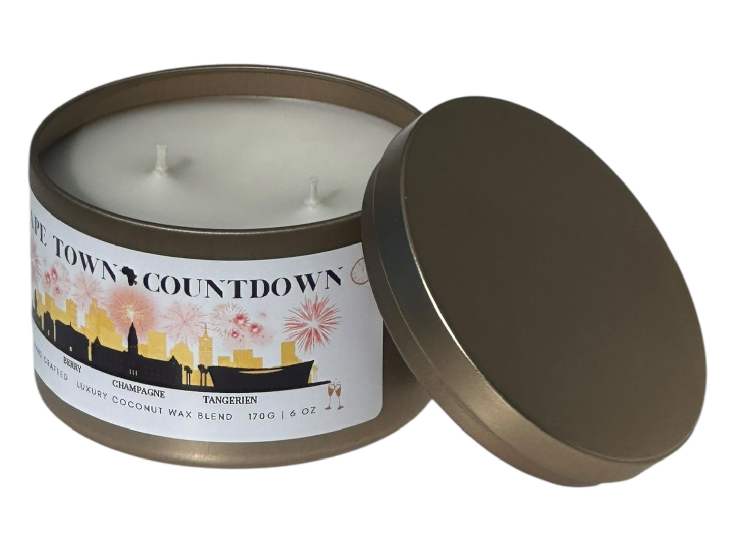 A new year's gold candle tin called, "Cape Town Countdown" on a white background side view with candle lid removed.