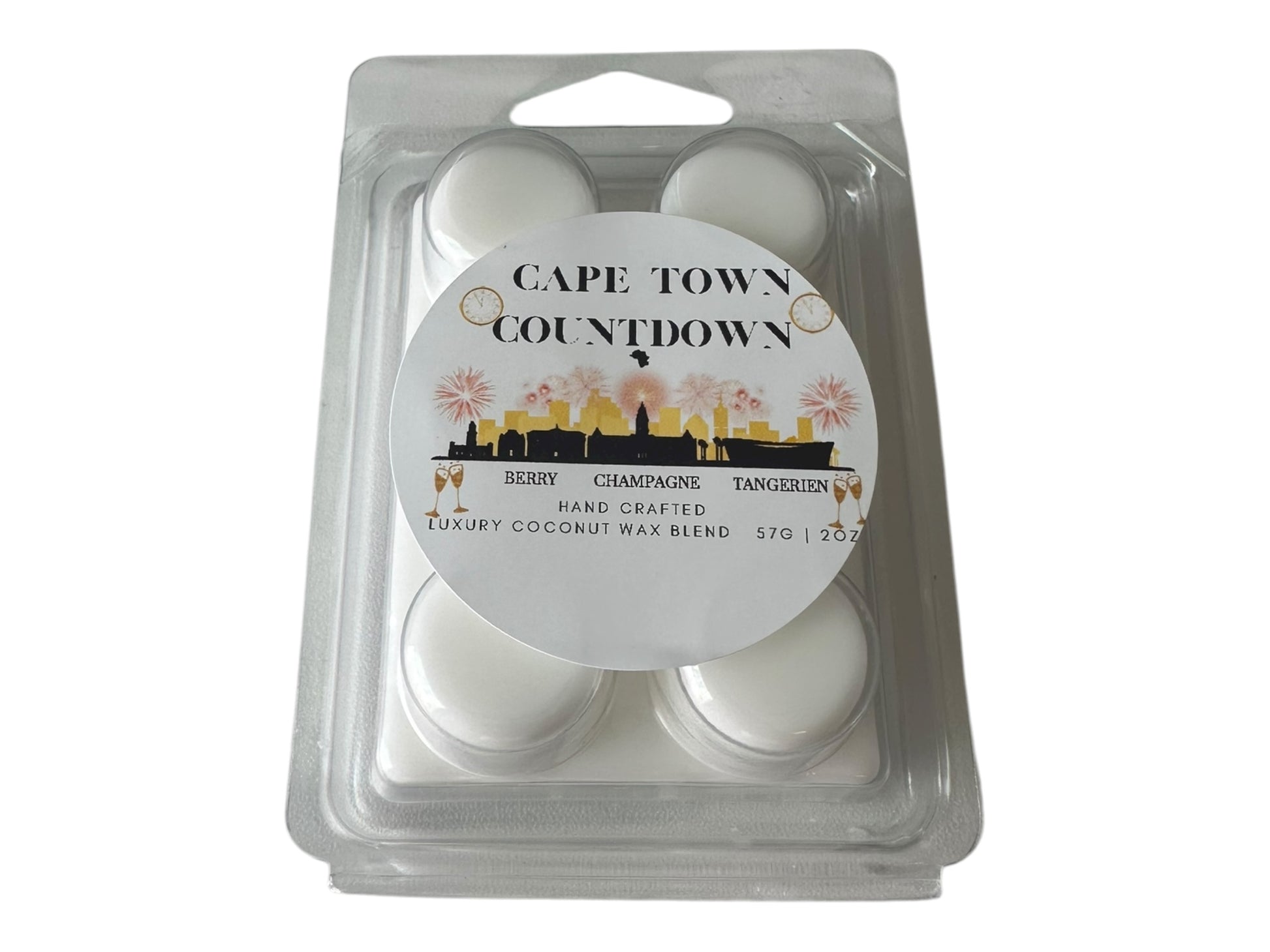 A winter wax melt labeled "Cape Town Countdown" on a white background front view.