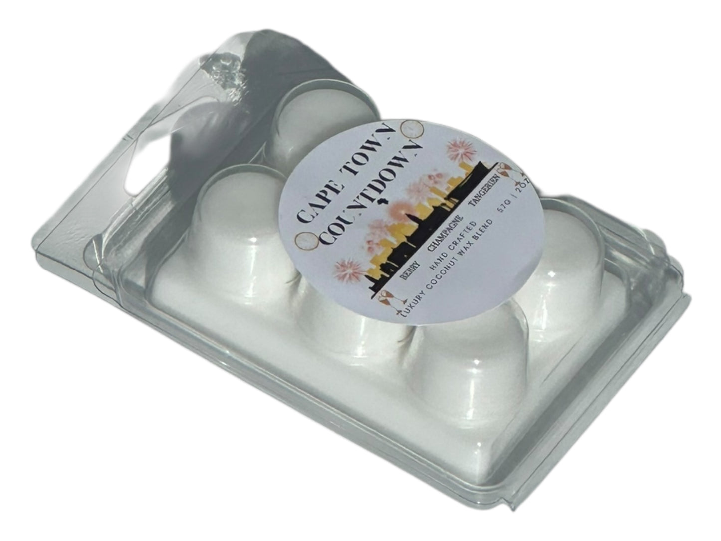 A new year wax melt labeled "Cape Town Countdown" on a white background side view.