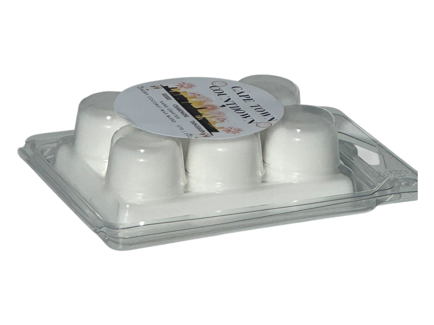 A white wax melt labeled "Cape Town Countdown" on a white background side view.