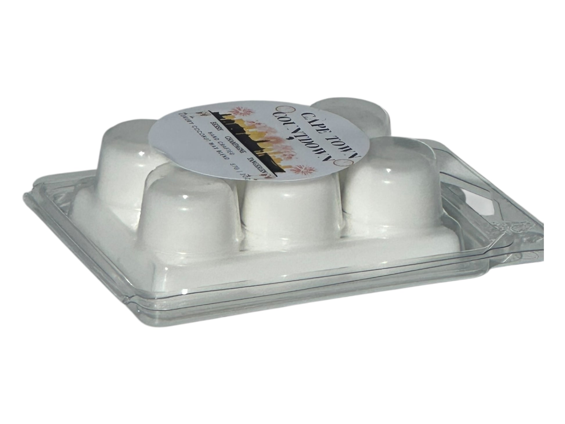 A white wax melt labeled "Cape Town Countdown" on a white background side view.