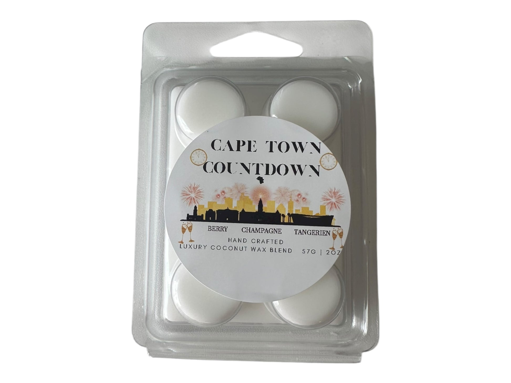 A winter wax melt labeled "Cape Town Countdown" on a white background front view.