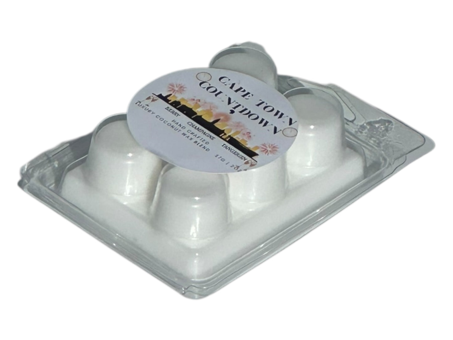 A holiday wax melt labeled "Cape Town Countdown" on a white background side view.