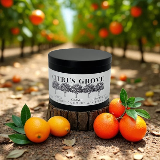 A black candle tin labeled Citrus Grove resting on a stump surrounded by oranges with orange trees in the background.