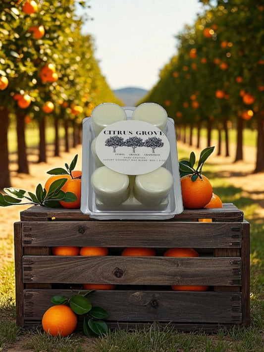 A clear clamshell white wax melt labeled Citrus Grove  resting on a crate surrounded by oranges with orange trees in the background.