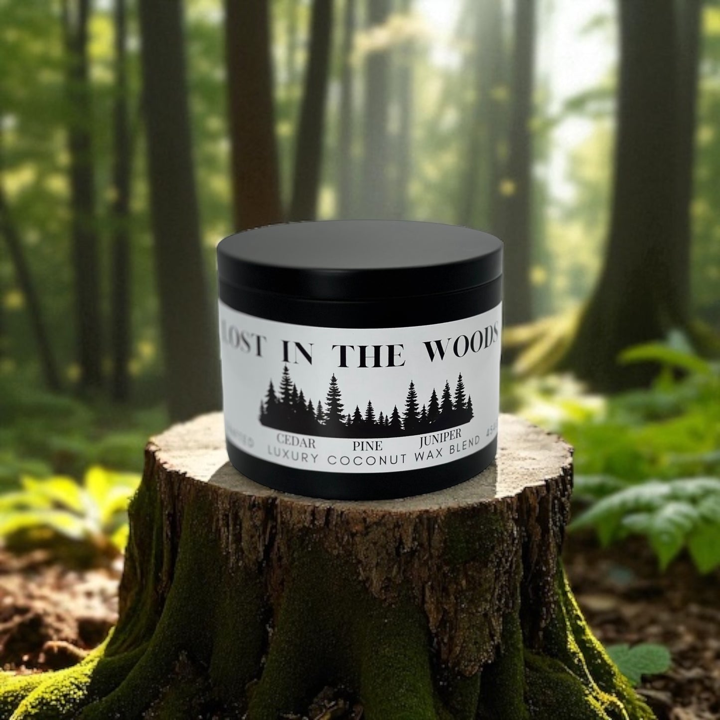 A black candle tin sitting on a tree trunk labeled Lost in the woods on a background of a forest.