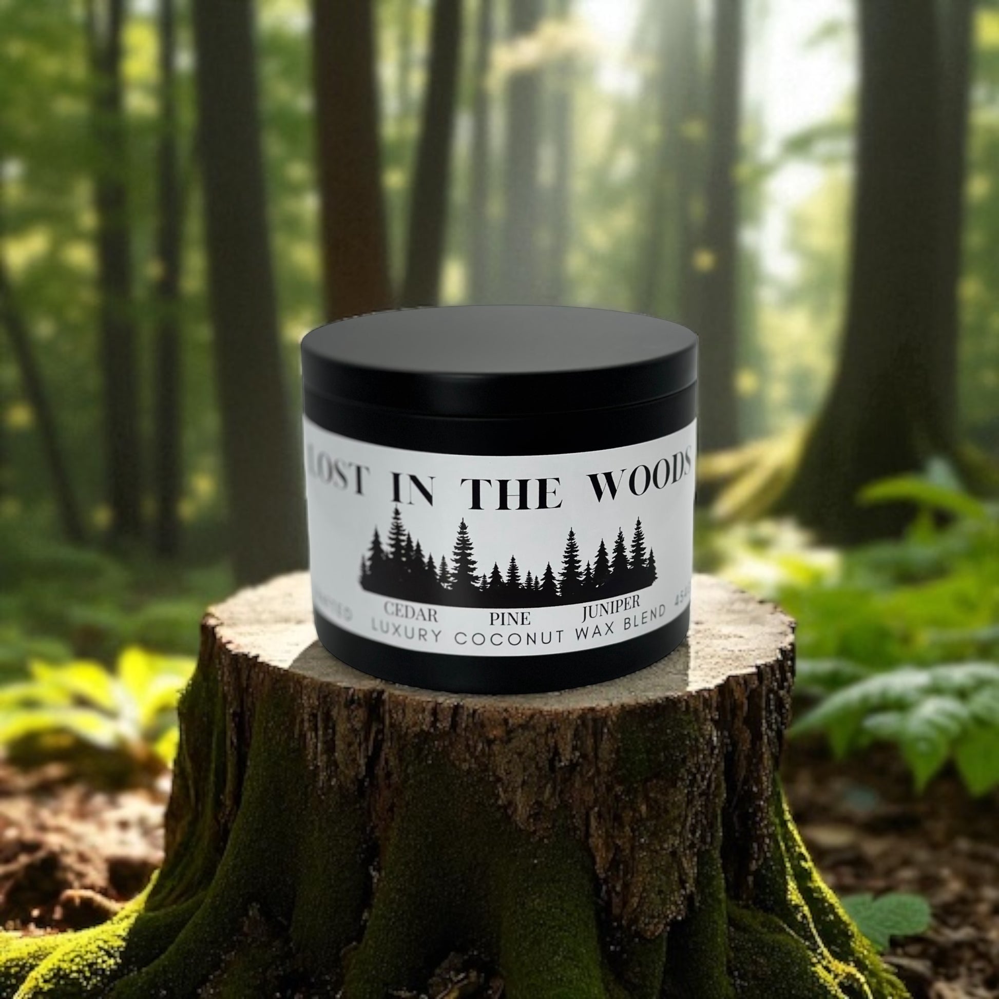 A black candle tin sitting on a tree trunk labeled Lost in the woods on a background of a forest.