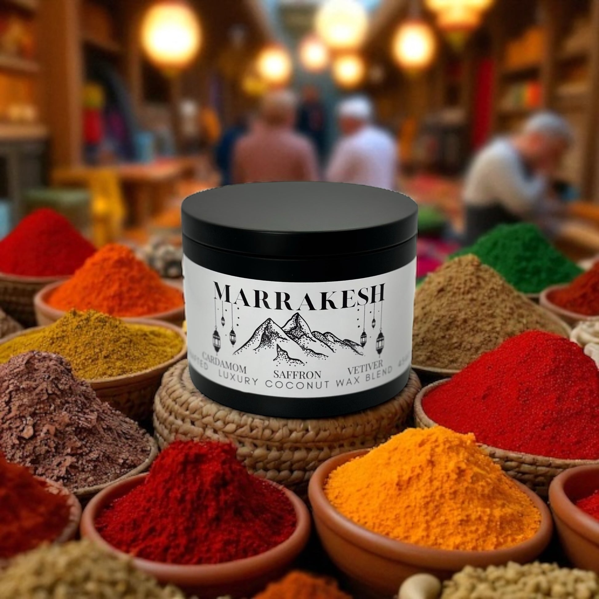 A black candle tin labeled Marrakesh surrounded by piles of spice in a spice market in the background.